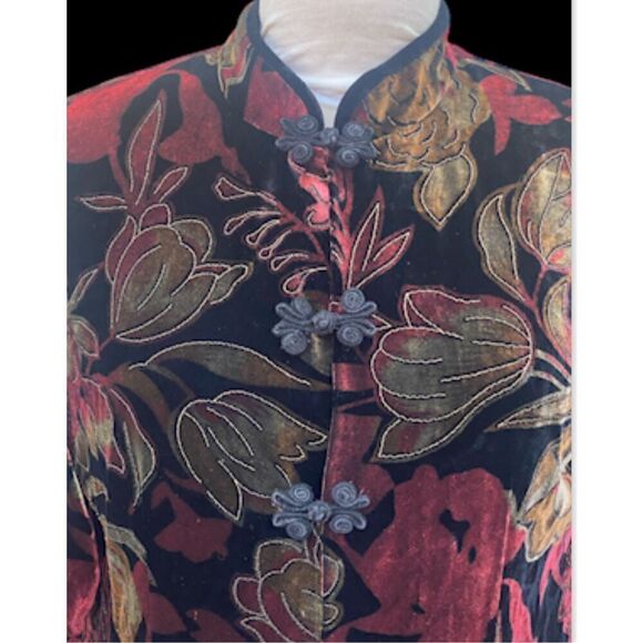 Velvet Silk Blend Floral Jacket Mandarin Collar Frog Clos Sz M Vintage Lutar - Picture 6 of 8